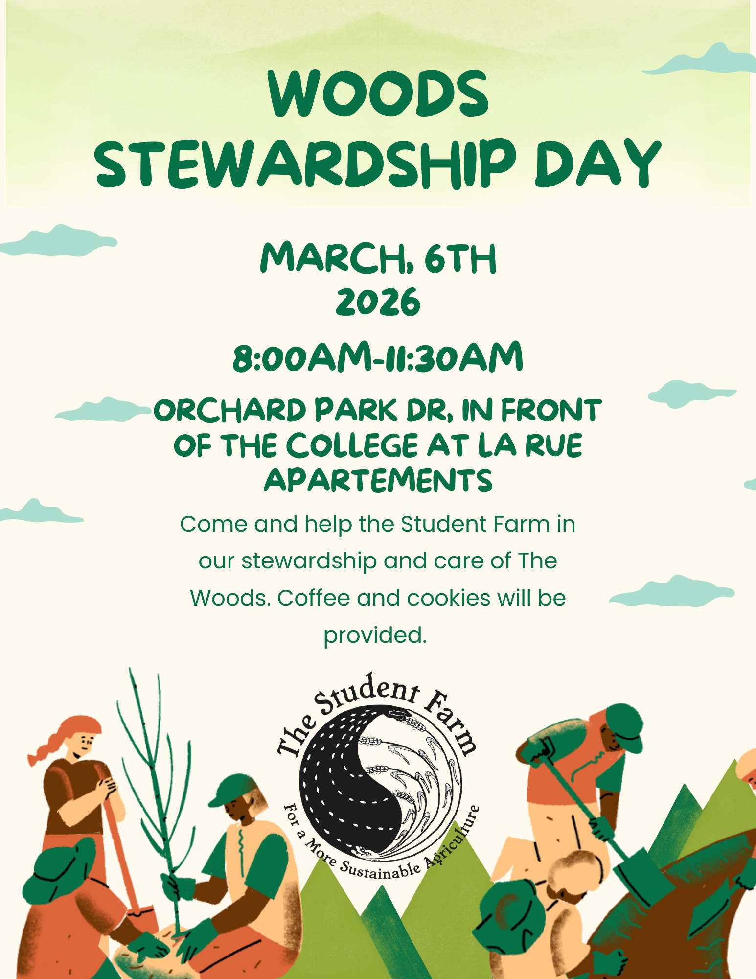 Event flyer for Woods Stewardship Day, featuring text about date, location, and activities.